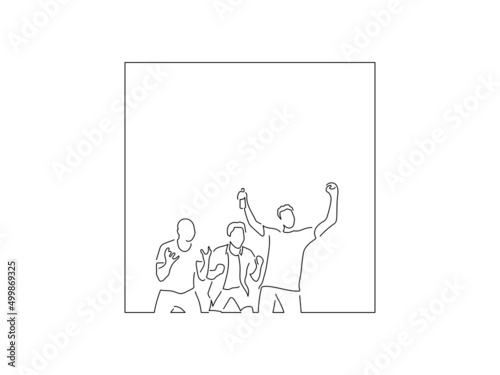 Happy teammates in line art drawing style. Sport celebration of a group of young people. Black linear sketch isolated on white background. Vector illustration design.