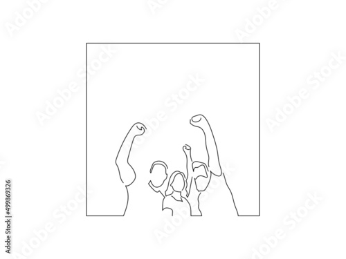 Happy teammates in line art drawing style. Sport celebration of a group of young people. Black linear sketch isolated on white background. Vector illustration design.