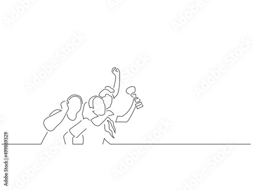 Happy teammates in line art drawing style. Sport celebration of a group of young people. Black linear sketch isolated on white background. Vector illustration design.
