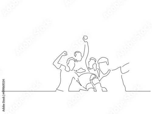 Happy teammates in line art drawing style. Sport celebration of a group of young people. Black linear sketch isolated on white background. Vector illustration design.