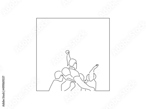 Happy teammates in line art drawing style. Sport celebration of a group of young people. Black linear sketch isolated on white background. Vector illustration design.