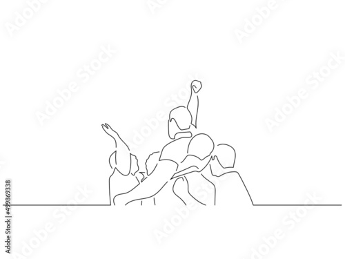 Happy teammates in line art drawing style. Sport celebration of a group of young people. Black linear sketch isolated on white background. Vector illustration design.
