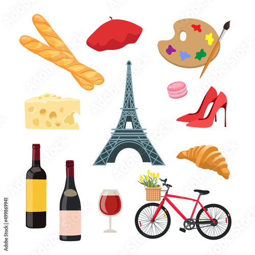 Symbols of French culture cartoon illustration set. Eiffel Tower, bottles and glasses of wine, baguette and croissant, macaron, palette with paint brush. Trip to Paris, landmark, food, France concept