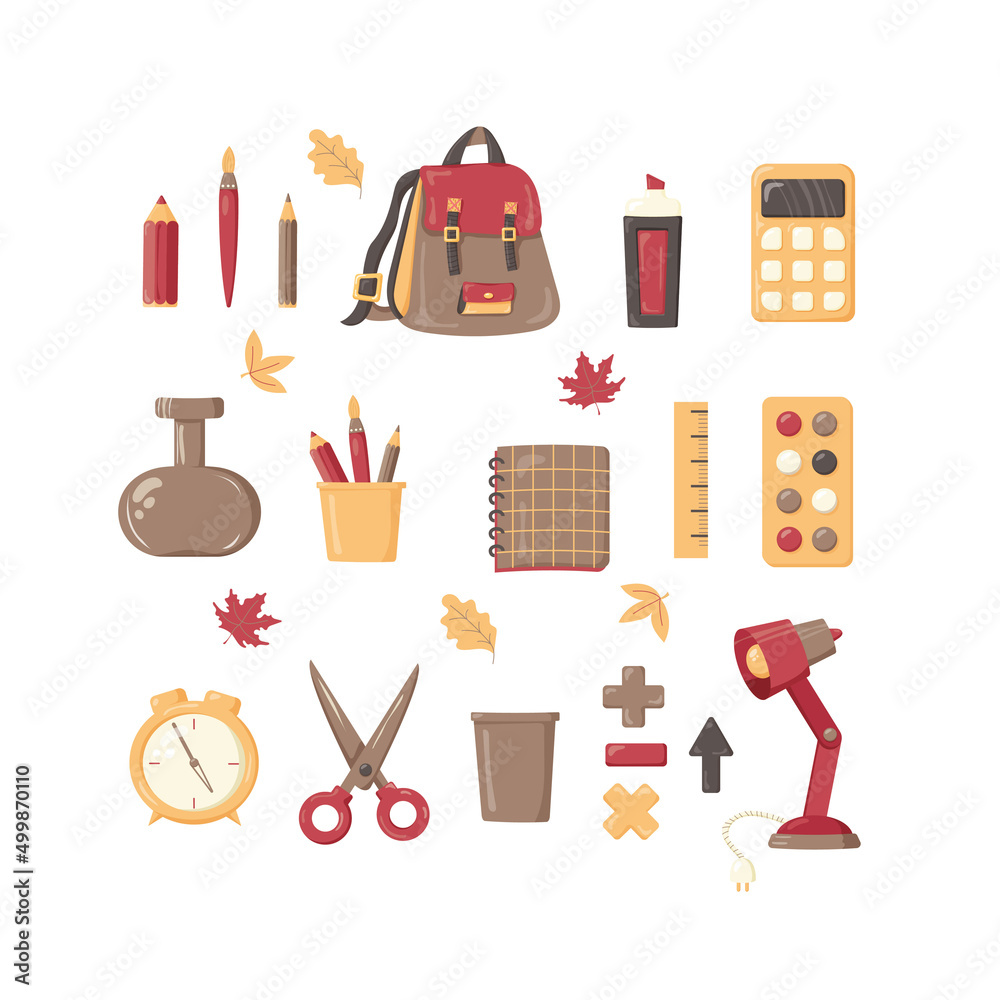 Back to school vector set of bright elements. Educational clipart. School supplies. Cute flat style classroom objects. Ready for school stuff. Back to school. Vector illustration Back to school vector set of bright elements. Educational clipart. School supplies. Cute flat style classroom objects. Ready for school stuff. Back to school. Vector illustration