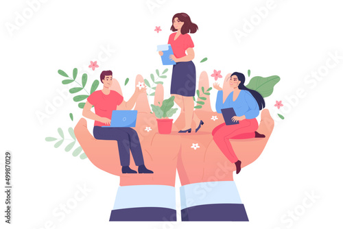 Tiny work persons on huge hands. Wellbeing and support of employee community in workplace flat vector illustration. Security, care, labor protection, management concept for banner or landing web page