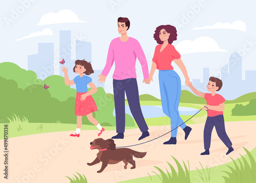 Happy cartoon mom, dad and children walking dog together. Father, mother and kids with puppy in park flat vector illustration. Family, love, pets, outdoor activity concept for banner, website design