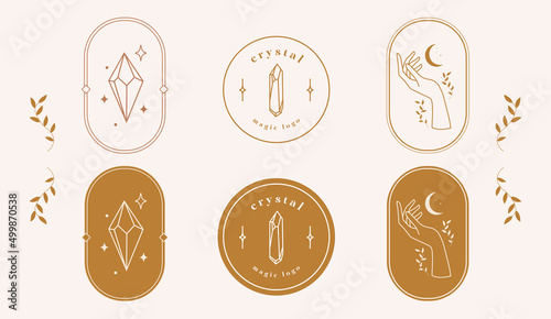 A set of logos in a linear style. Delicate, mysterious images. Mystical symbol in a minimalist style. Magic stone for spiritual practices of ethnic magic and astrological rites.