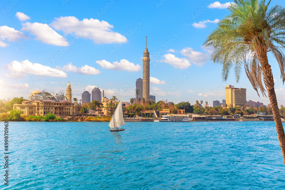 Cairo downtown, view on Gezira Island in the Nile and sailboat, Egypt, Africa