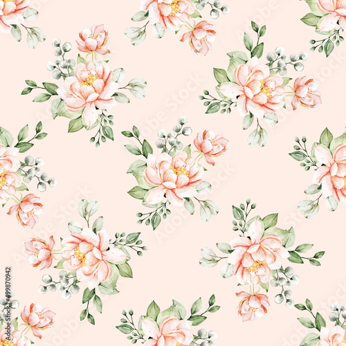 Fototapeta Naklejka Na Ścianę i Meble -  Seamless background, floral pattern with watercolor flowers. Repeat fabric wallpaper print texture. Perfectly for wrapped paper, backdrop.