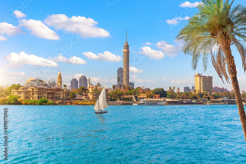 Cairo downtown, view on Gezira Island in the Nile and sailboat, Egypt, Africa
