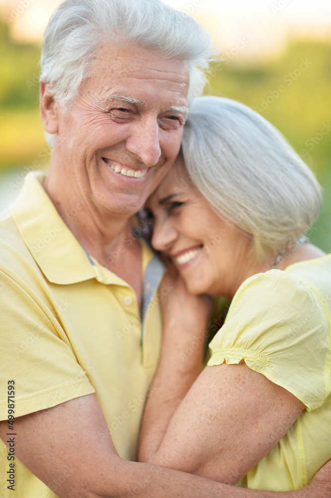 Beautiful senior couple hugging in the park Beautiful senior couple hugging in the park