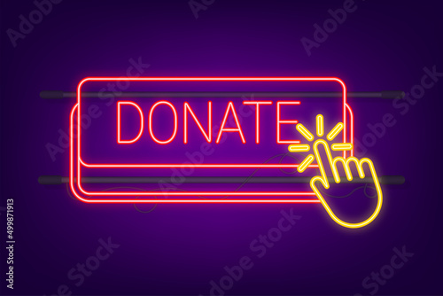 Donate with cursor button neon icon. Internet icon. Pointer click icon. Vector stock illustration.