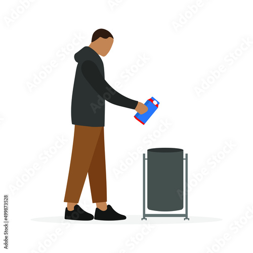 Male character throws away a carton of milk or juice into the trash on a white background