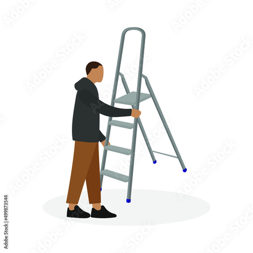 A male character with a stepladder in his hands stands on a white background