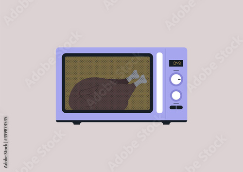A microwave oven with tumblers and buttons, a kitchenware appliance