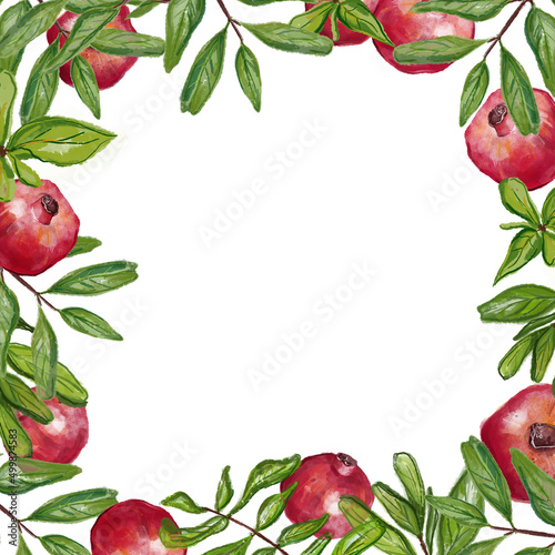 Watercolor frame with pomegranate fruits and pomegranate leaves. Hand drawn illustration isolated on white background.