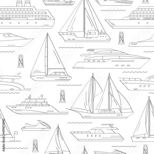 Hand drawn maritime ships. Vector seamless pattern of outline ship at sea, sail boats, speed boat, yacht, liner, sailboat, cruiser and cargo ships. Water ocean transport boat. Sea marine travel