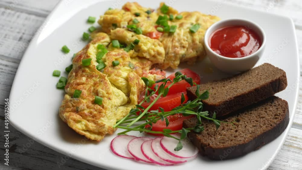 Stuffed omelette with onions, tomato, pepper, eggs and cheese in plate on white wooden background with fork. Healthy diet food for breakfast. Tasty morning food. Top view, close up, rotates Stuffed omelette with onions, tomato, pepper, eggs and cheese in plate on white wooden background with fork. Healthy diet food for breakfast. Tasty morning food. Top view, close up, rotates
