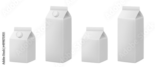 Set of juice or milk cardboard package. Vector mockup set. Realistic carton package with cap. White boxes for dairy products.