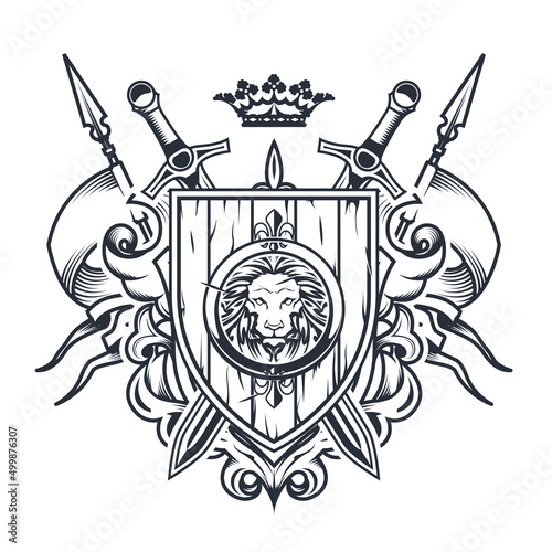 Sumptuous coat of arms with old wooden shield, swords and crown, knight crest, heraldic emblem or royal blazon, vector