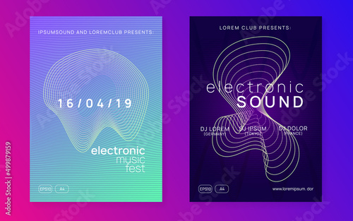 Neon music flyer. Electro dance dj. Electronic sound fest. Techno trance party. Club event poster.