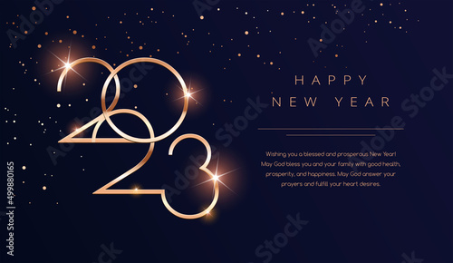 Luxury 2023 Happy New Year background. Golden design for Christmas and New Year 2023 greeting cards with New Year wishes	
