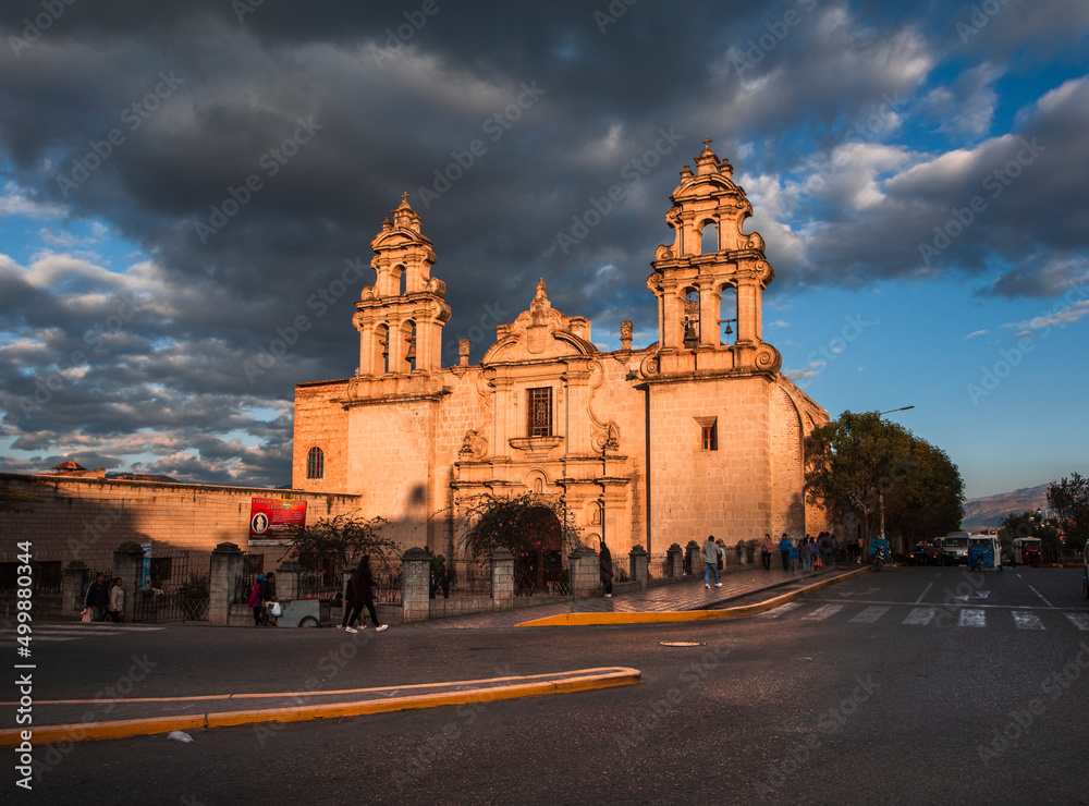 Cajamarca, Peru - circa 2019: Facade of Recoleta church at the afternoon.