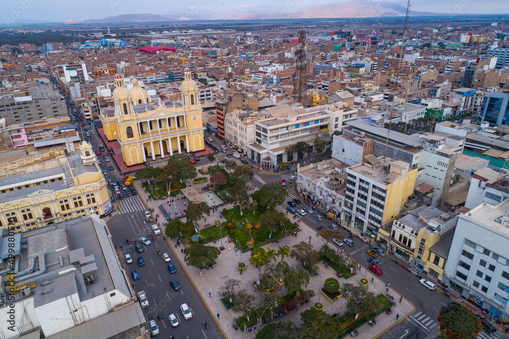 Chiclayo, Peru: Aerial drone view of the Chiclayo main square and cathedral church