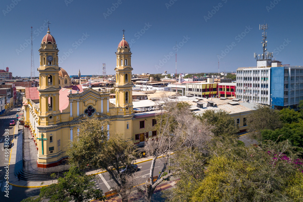 Piura, Peru: aerial drone view of the main square and the cathedral church of the city