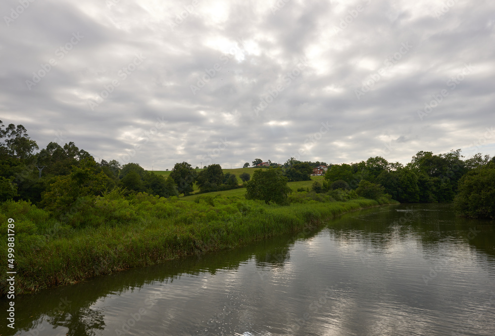 A river surrounded by low vegetation on a gray day