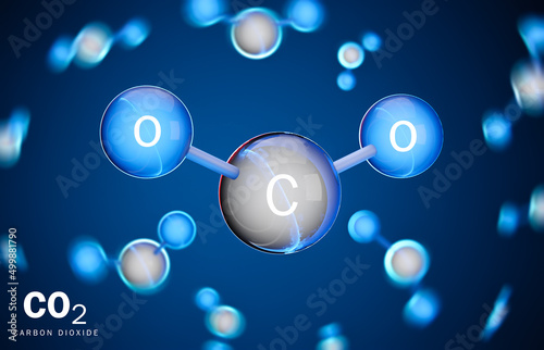 3D model of carbon dioxide (CO2) molecule. Two atoms of oxygen and one atom of carbon. 3D rendering.