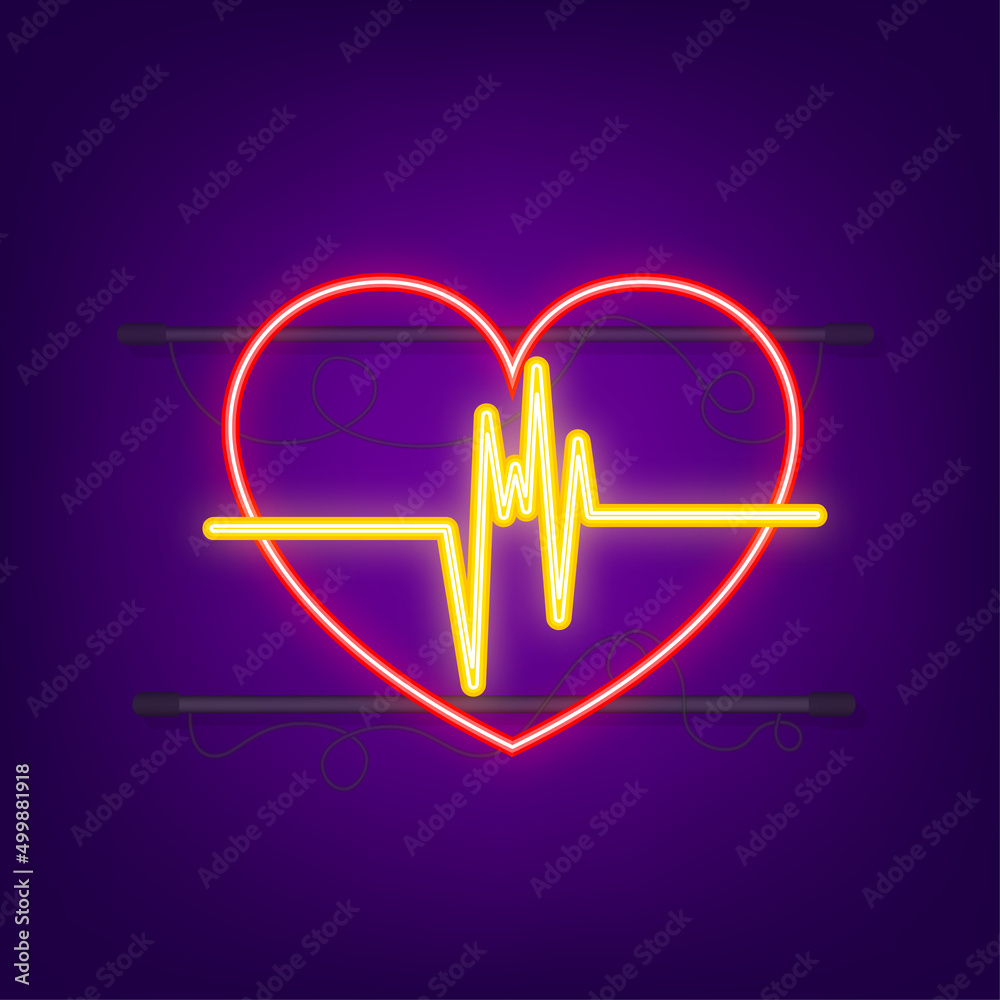 Red heartbeat. Heart pulse neon icon. Cardiogram Concept. Vector stock illustration.