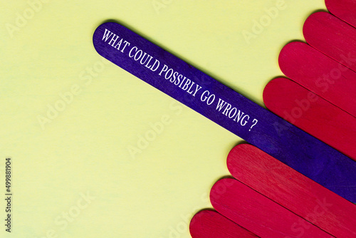 What could possibly go wrong question text on purple color wooden stick.