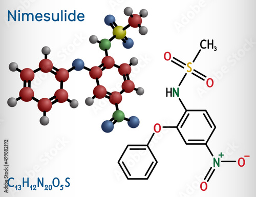 Nimesulide molecule. It is a relatively COX-2 selective, nonsteroidal anti-inflammatory drug NSAID, used to treat acute pain. Structural chemical formula, molecule mode.