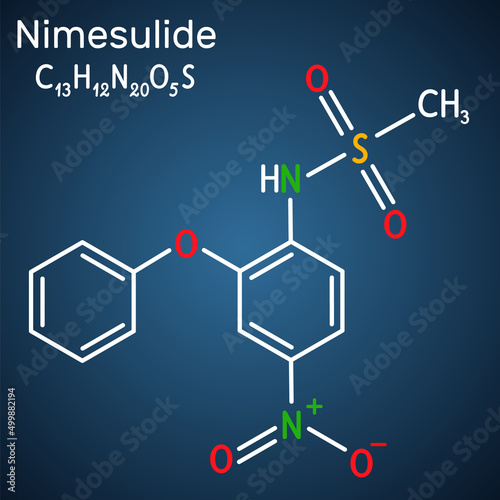 Nimesulide molecule. It is a relatively COX-2 selective, nonsteroidal anti-inflammatory drug NSAID, used to treat acute pain. Structural chemical formula on the dark blue background.