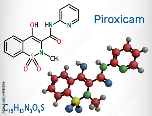 Piroxicam, piroksikam molecule. It is nonsteroidal anti-inflammatory drug NSAID, used to treat osteoarthritis and rheumatoid arthritis. Structural chemical formula, molecule model