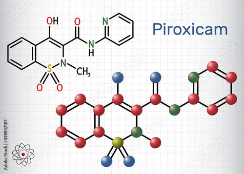Piroxicam, piroksikam molecule. It is nonsteroidal anti-inflammatory drug NSAID. Structural chemical formula, molecule model. Sheet of paper in a cage