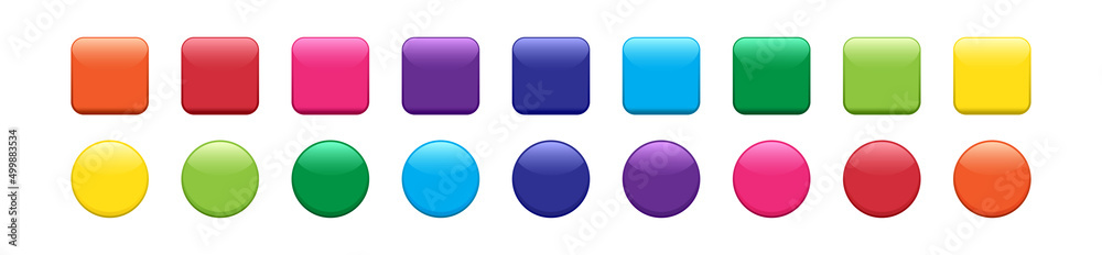 Web vector push button, glossy colorful icon, shiny square and circle isolated on white background. Cartoon game gradient illustration - obrazy, fototapety, plakaty 