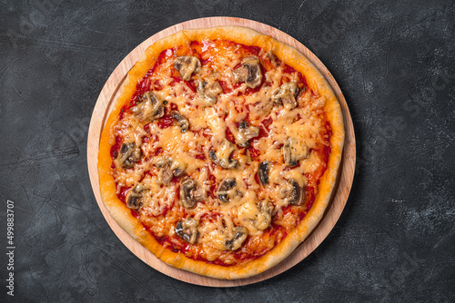 Homemade pizza with cheese, tomatoes and mushrooms on a dark background.