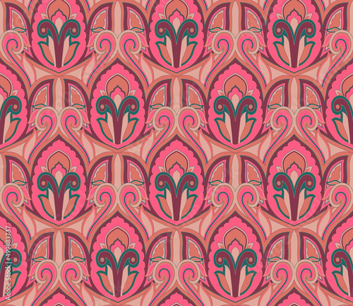 vector seamless retro geometric tile pattern with vertical orientation and floral stylisation. In beige, brick and green colors.