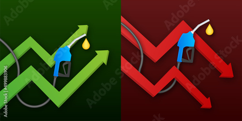 Rise and decline in price of oil market prices. Oil barrels. World inflation. Vector stock illustration.