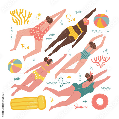 Set of figures of swimming women in swimsuits of different nationalities with summer vacation elements - inflatable mattress, ball, corals, fishes. Cute vector illustration in hand drawn flat style.
