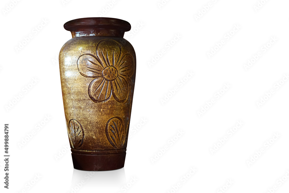 beautiful brown tall terracotta vase on white background, object, decor, fashion, ancient, copy space