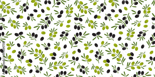 Olive vector seamless pattern, green and black fruit, branch and leaf, italy or greece background. Nature illustration