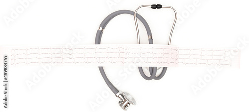 Stethoscope with electrocardiogram sheet isolated on white background. Place to copy paste.