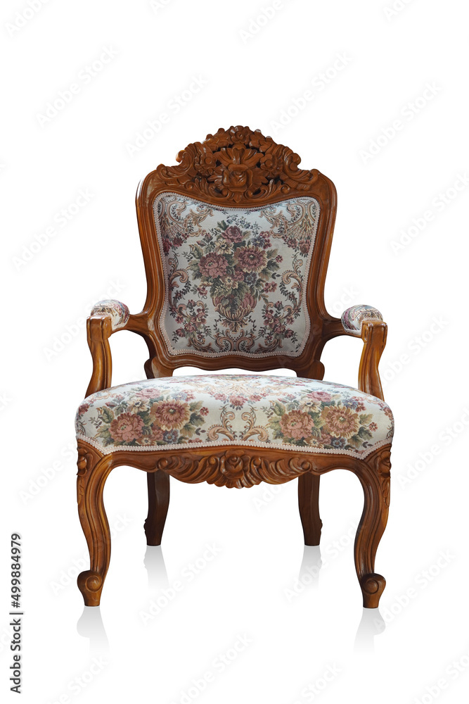 front view fabric and brown wooden upholstered chair on white background, object, decor, furniture, fashion, home, house, copy space front view fabric and brown wooden upholstered chair on white background, object, decor, furniture, fashion, home, house, copy space