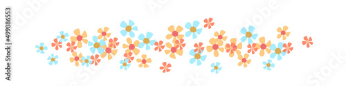 Cartoon flowers border. Flowers flying in the wind. Horizontal line of flowers. Vector clipart isolated on white background. 