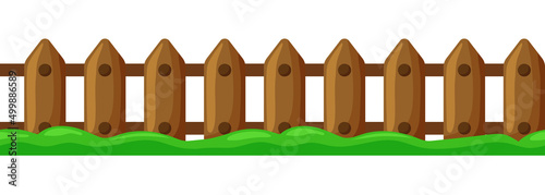 Fence and grass seamless border. Vector clipart isolated on white background.