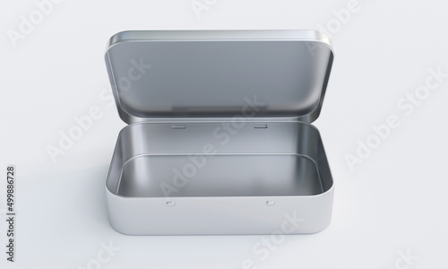 3D rendering of square shaped Hinged Tin box on white background. 