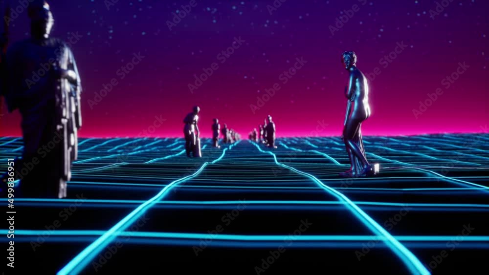 Futuristic retrowave vl loop 3d animation. Ancient sculptures on neon landscape Futuristic retrowave vl loop 3d animation. Ancient sculptures on neon landscape